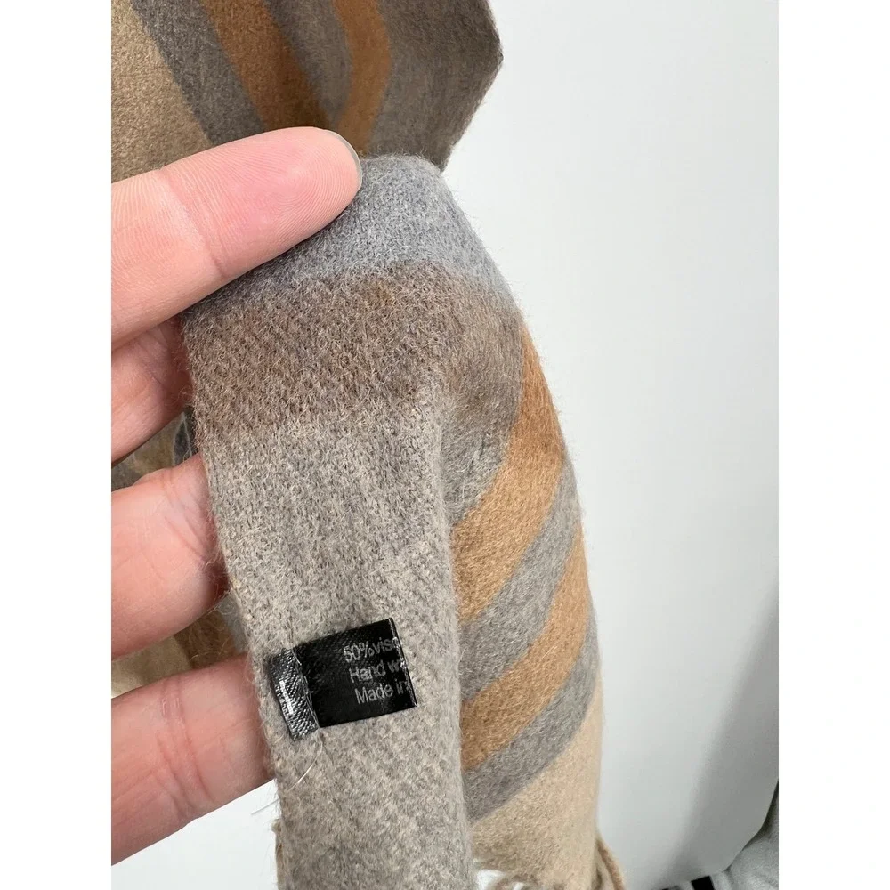 House of Tweed Scotland Plaid Scarf Tan Brown Grey Fringed Viscose Blend